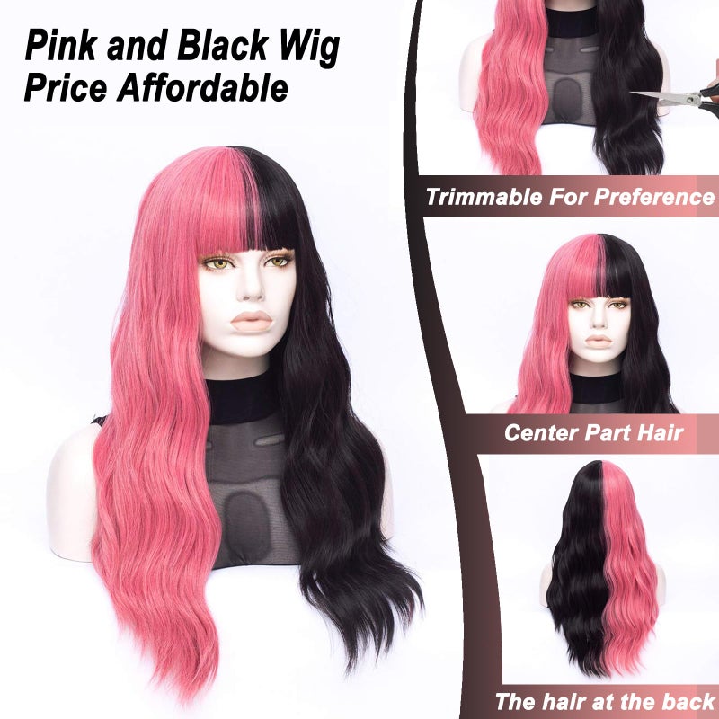 MORTICIA Long Loose Wavy Half Pink and Half Black Full Bang Wig - Image 2